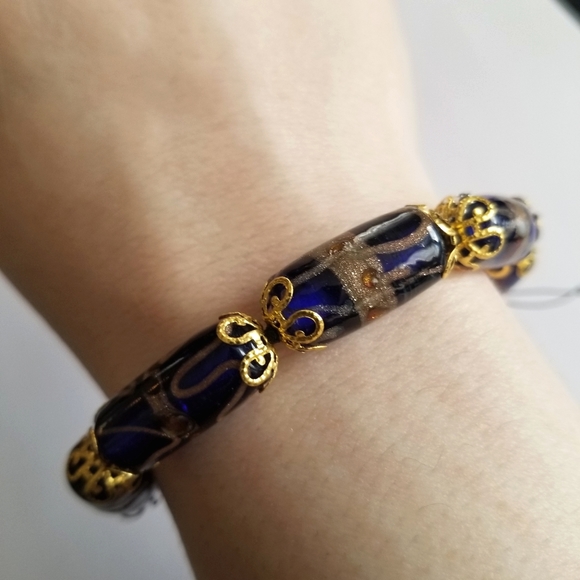 Handmade beaded bracelet cobalt blue art glass beads gold tone black cord - Picture 1 of 11